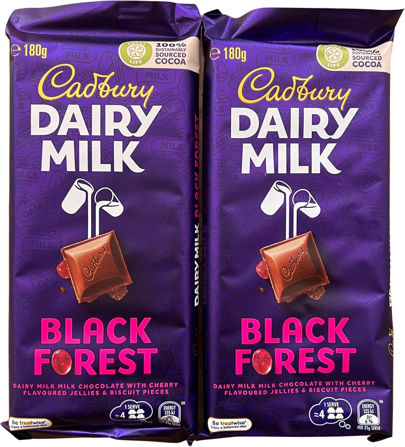 Black Forest Dairy Milk Chocolate Bars 180g (Pack of 2) Gift Pack Bundle Creamy Milk Chocolate Cherry & Cookie Pieces Indulgent Candy Snack Bundle Premium Dessert Treat Letterbox Friendly