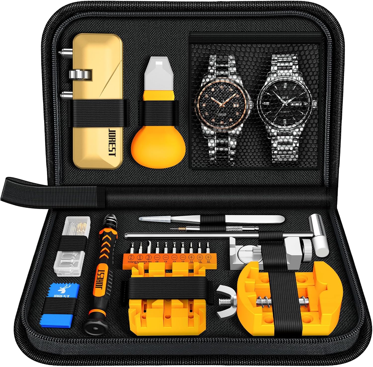 【2024 New】JOREST Watch Repair Tool Kit, Battery Replacement & Strap Adjustment, Wrench Opening Back Cover, Case Opener, Link Remover, Bracelet Resizing, Band Pin Removal, Screwdriver, Spring Bar