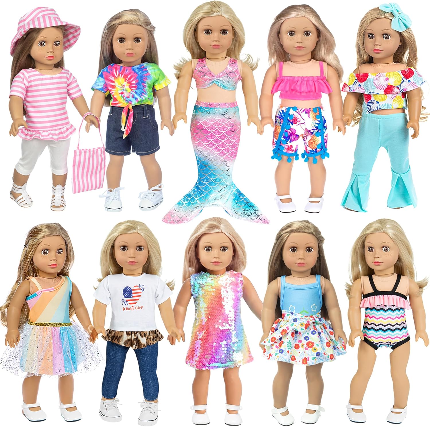 iBayda 18 Inch Doll Fashion Clothes - 10 Sets Include Outfits, Mermaid Dress, Bikini, Hats & Handbags Accessories (Doll Not Included)
