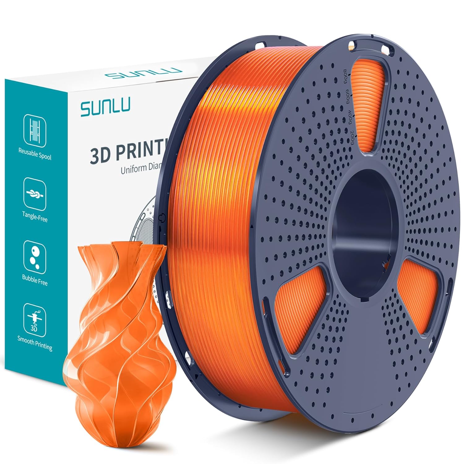 SUNLU PLA+ 3D Printer Filament, 1.75mm, Enhanced Toughness, +/- 0.02mm Accuracy, 1kg Spool (2.2LBS), Transparent Orange