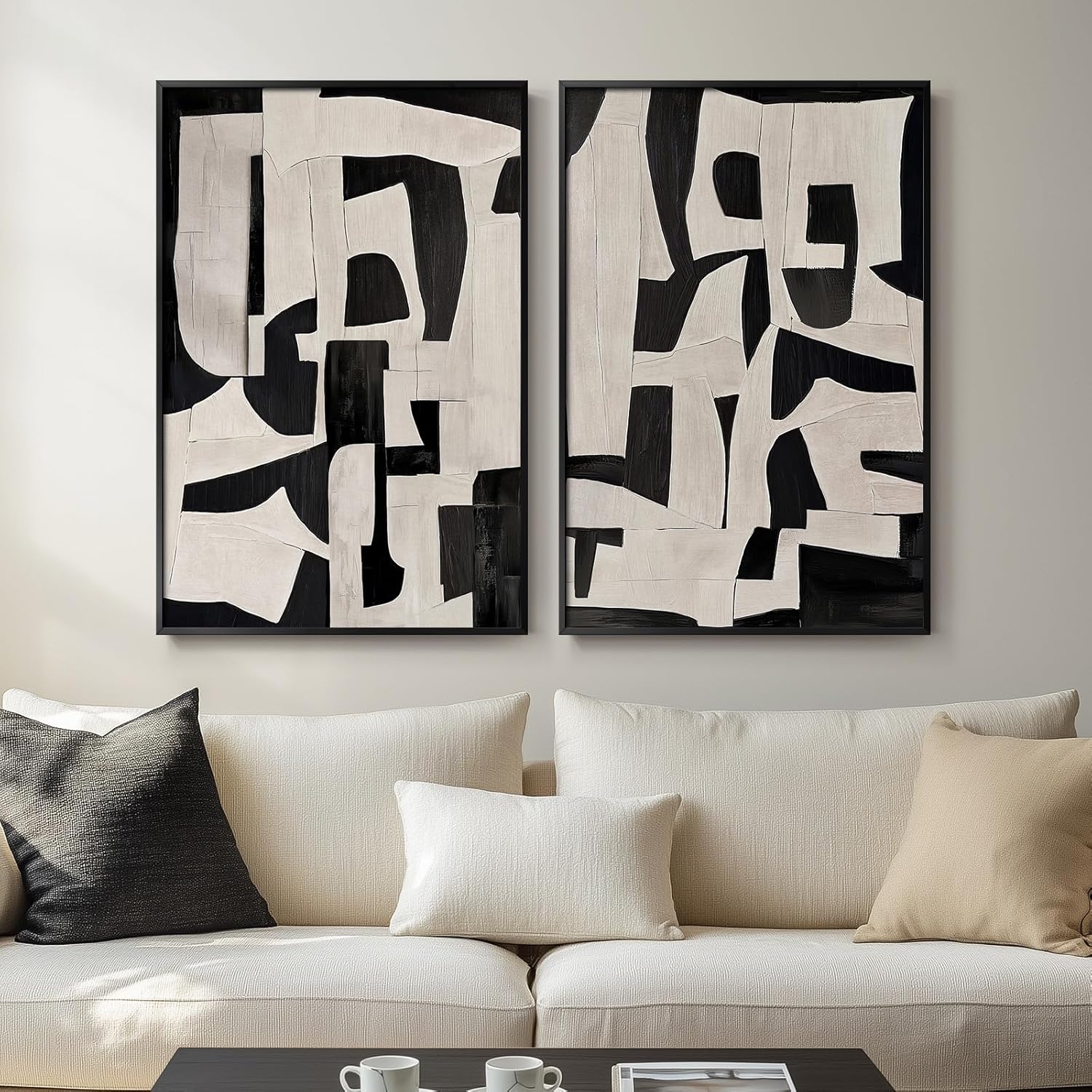 Large Framed Black and Beige Abstract Wall Art for Living Room, Set of 2 Piece Minimalist Canvas Paintings Artwork for Walls, Modern Art Prints Pictures for Hallway Office Wall Decor Big Size 24x36 In