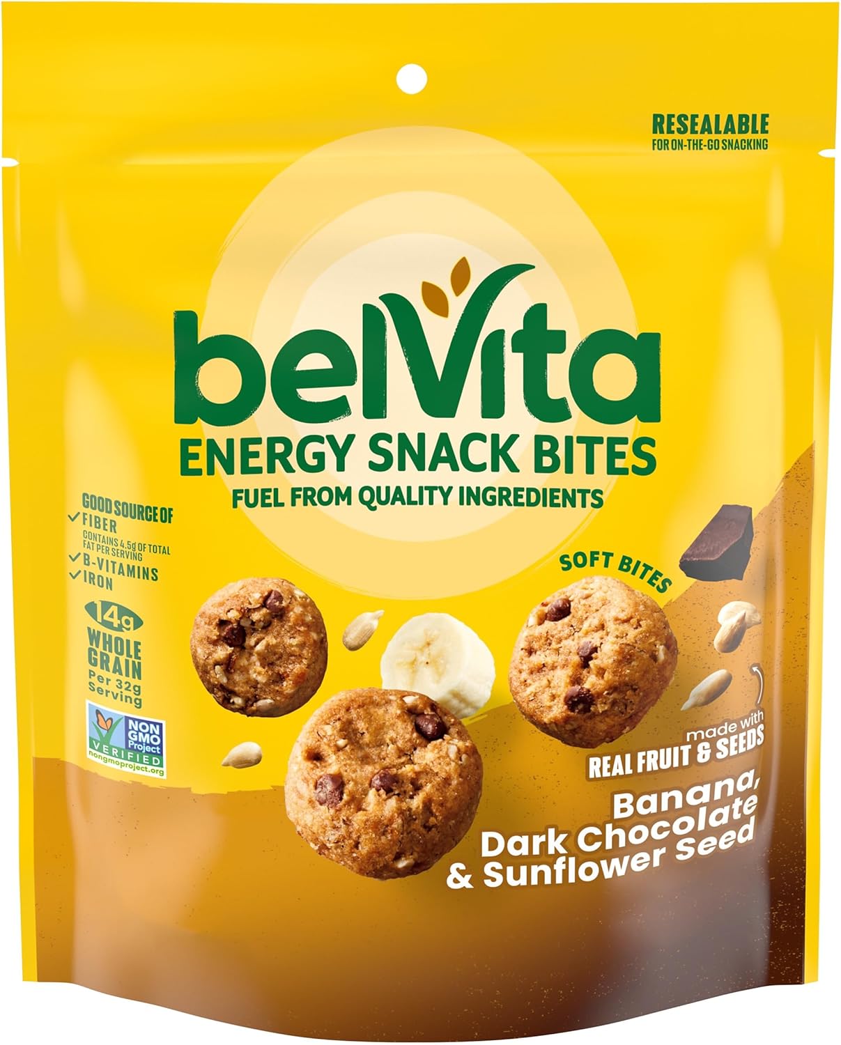belVita Energy Snack Bites, Banana, Dark Chocolate and Sunflower Seeds, 5oz Bag
