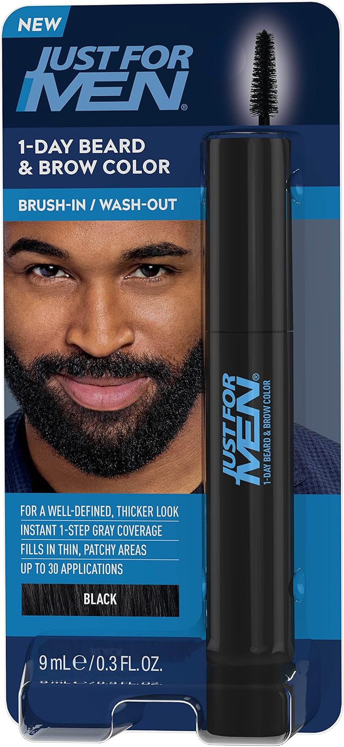 Just For Men 1-Day Beard and Brow Colour Brush, For Instant 1-Step Grey Coverage, Brush-In, Wash-Out, For A Thicker Well-Defined Look, Real Black