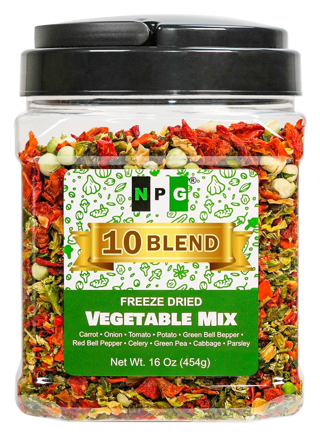 NPG Freeze-Dried Vegetable Mix 16 Oz (1 LB), 10-Blend Dehydrated Vegetables Blend of Carrots, Onions, Tomatoes, Potatoes, Bell Peppers, Celery, Peas, Cabbage & Parsley, Ideal for Soup, Ramen, Stir-Fry, Cooking & Emergency Food Storage