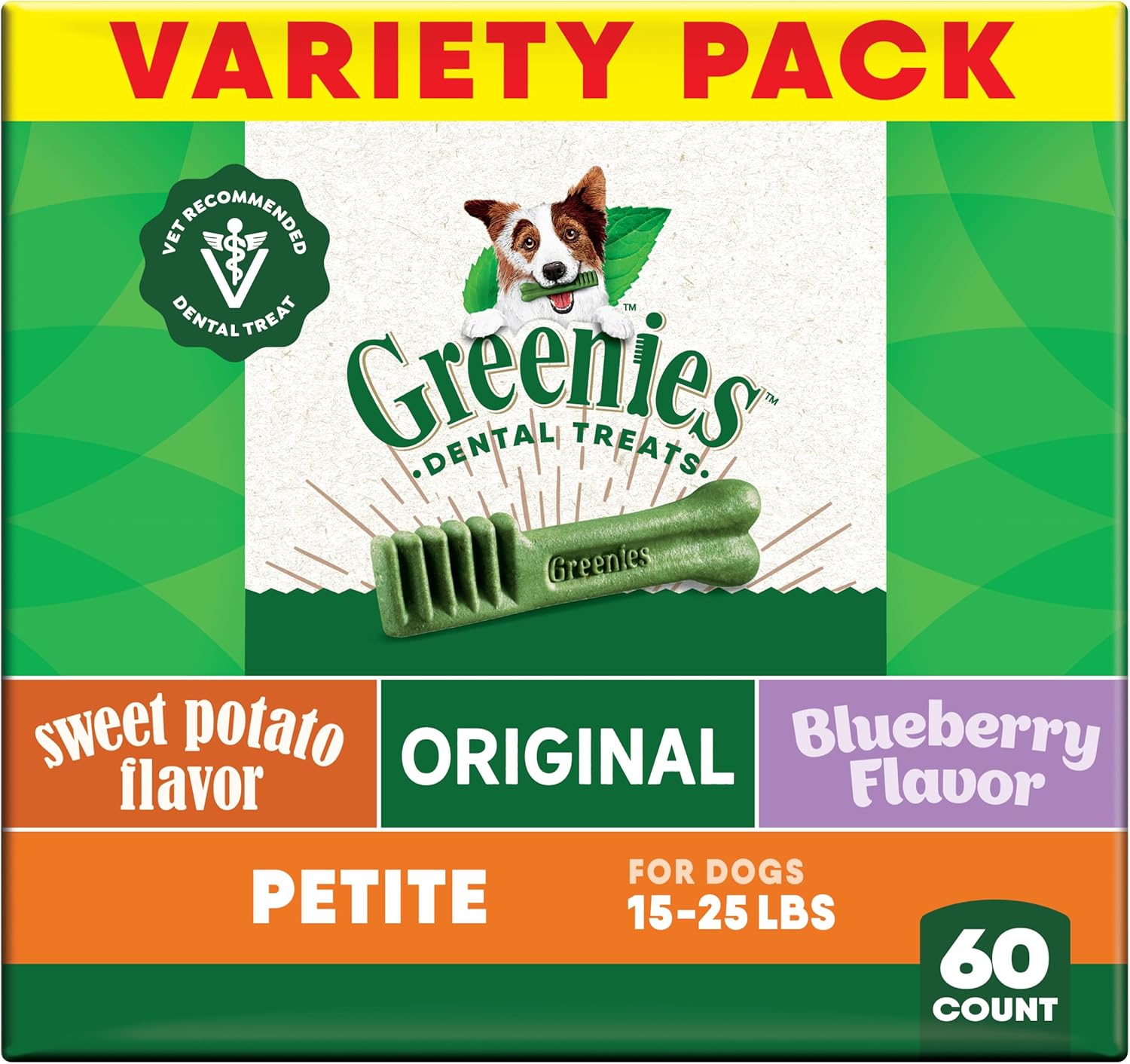Greenies Veterinarian-Recommended Adult Natural Dental Dog Treats Petite Size, Fresh Flavor, Original Flavor, and Blueberry Flavor, (3) 12 oz. Packs, 60 Count