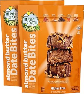 Heaven & Earth Gluten Free Chocolate Covered Almond Butter Date Bite Truffles with Hazelnut Croquet 5.25oz (2 Pack), All Natural, Individually Wrapped Date Snack, Kosher (Including Passover)
