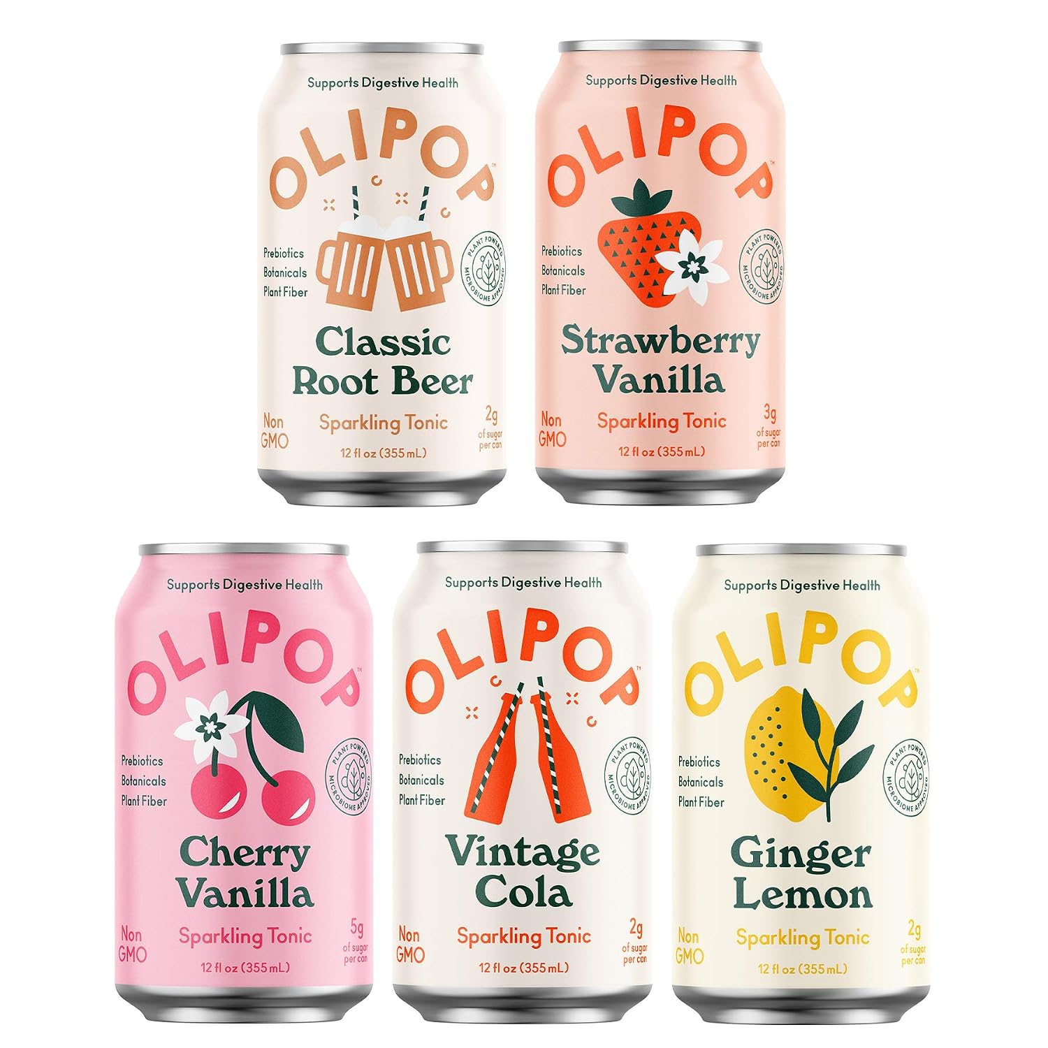 OLIPOP - 5-Flavor Soda Variety Pack, Healthy Soda Sampler, Prebiotic Soft Drinks, Supports Digestive Health & Gut Health, 9g of Dietary Plant Fiber, Low Calorie, Low Sugar, Vegan (12 oz, 5-Pack)