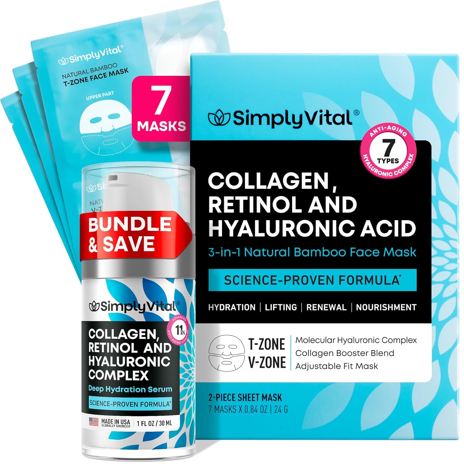 Collagen Serum & Hydrating Face Mask Set with Retinol & Hyaluronic Acid – Anti-Aging Skincare Bundle for Women – Firming, Lifting & Moisturizing Facial Care with Sheet Masks and Serum