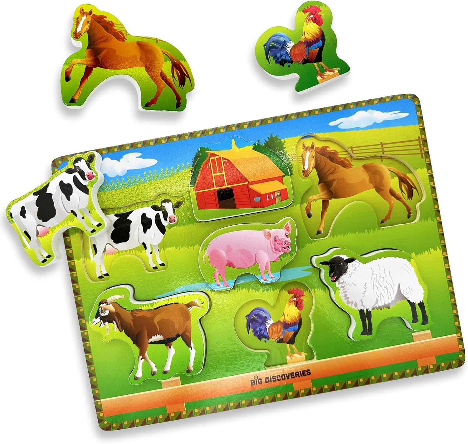 Big Discoveries Wooden Puzzle - Animal Wood Puzzles for Toddlers 2+ Years Old | Montessori Learning Puzzles for Kids - Great for Preschool Aged Boys and Girls (Farm Animals)