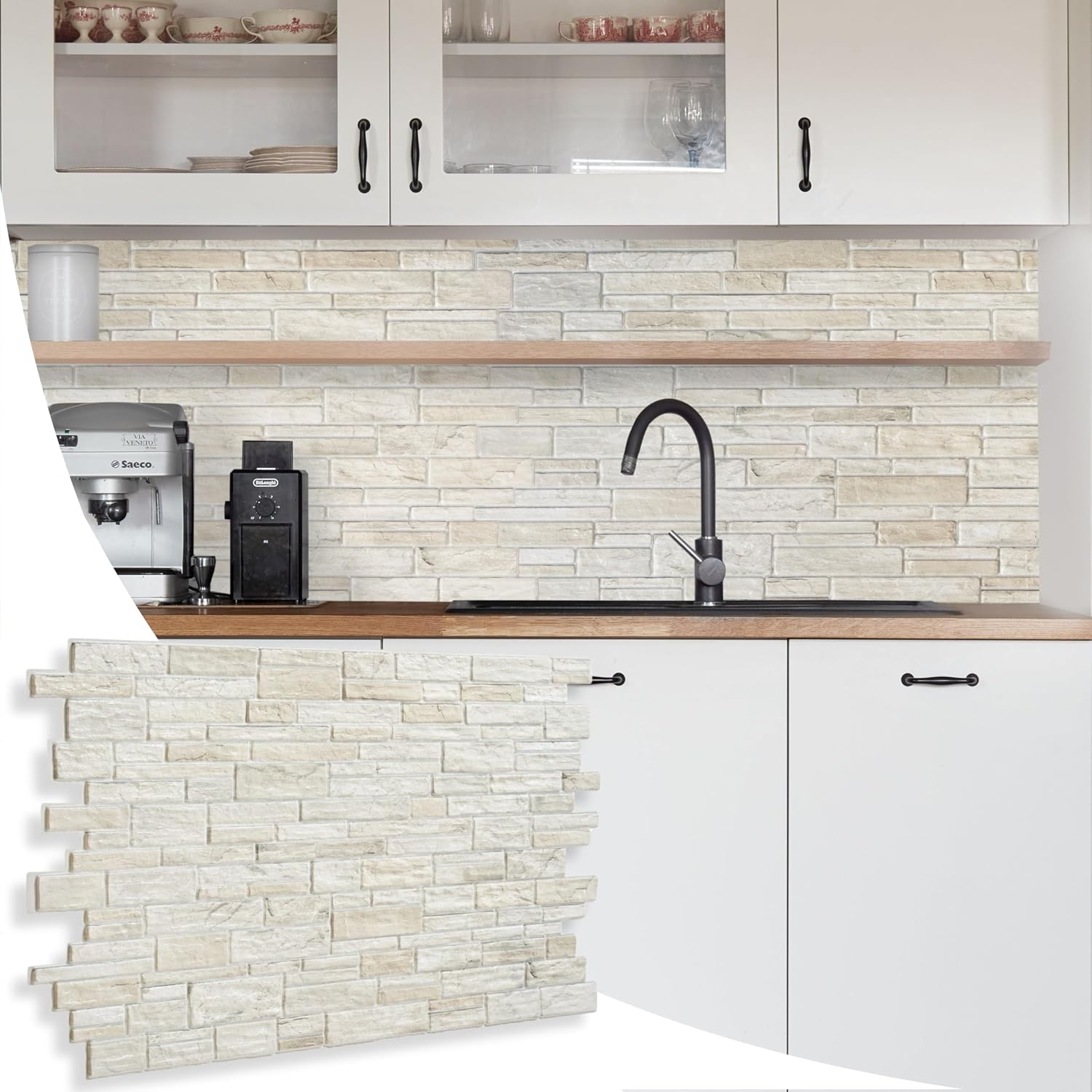 NOVECRAFTO Natural Stone Effect 3D Wall Panelling Kit of 4 pcs, PVC Wall Panel Size 37.59x18.8 in (95.5x48cm) Covering 4.93 ft² (0.46 m²) for Kitchen, Bathroom, Living Room, DIY Natural Stone Beige