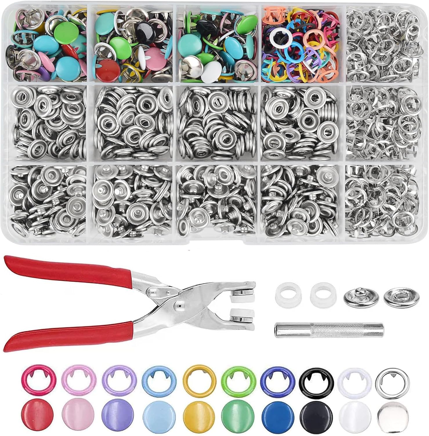 250 Sets Poppers Fasteners Kit, Press Stud Kit with Pliers 9.5 mm Hollow and Solid Metal Snap Fasteners Press Studs, Snap Buttons Without Sewing for DIY Crafting Clothes Bags(10 Colors)