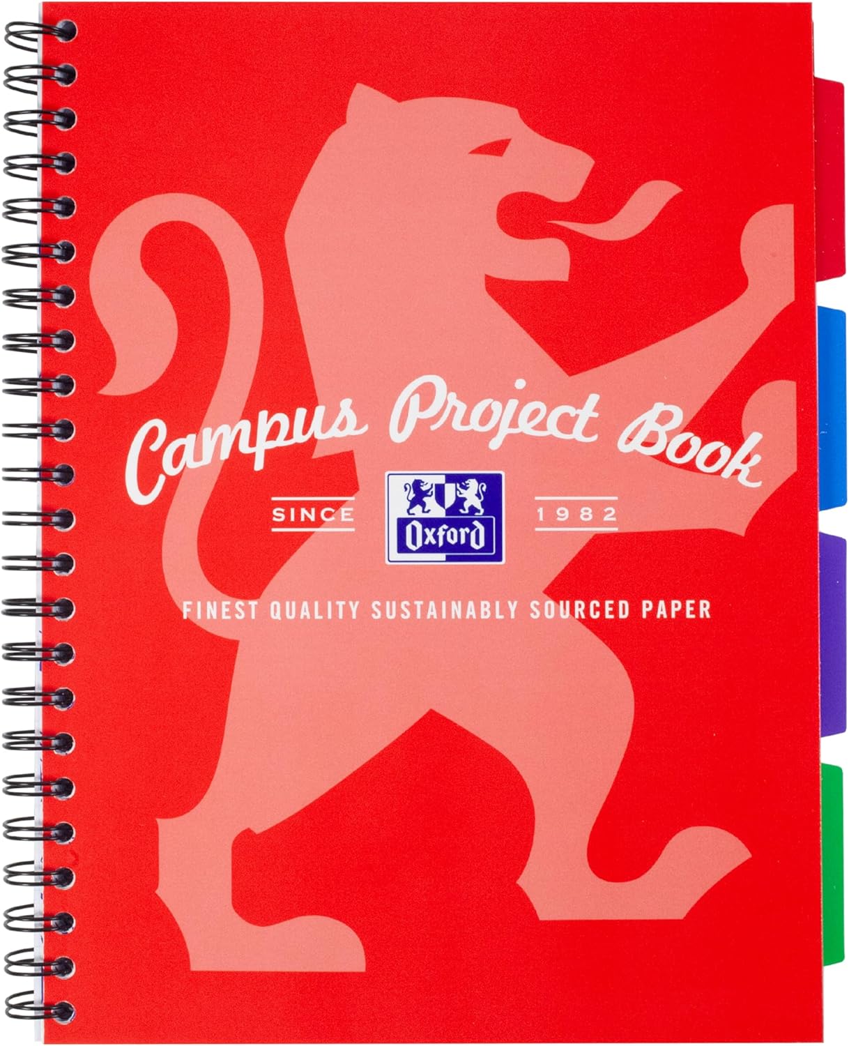 Oxford Campus A4 Project Notebook with Dividers, Wirebound, 8 mm Lined with Margin, 200 Pages, Pack of 1, Optik Paper+, Red