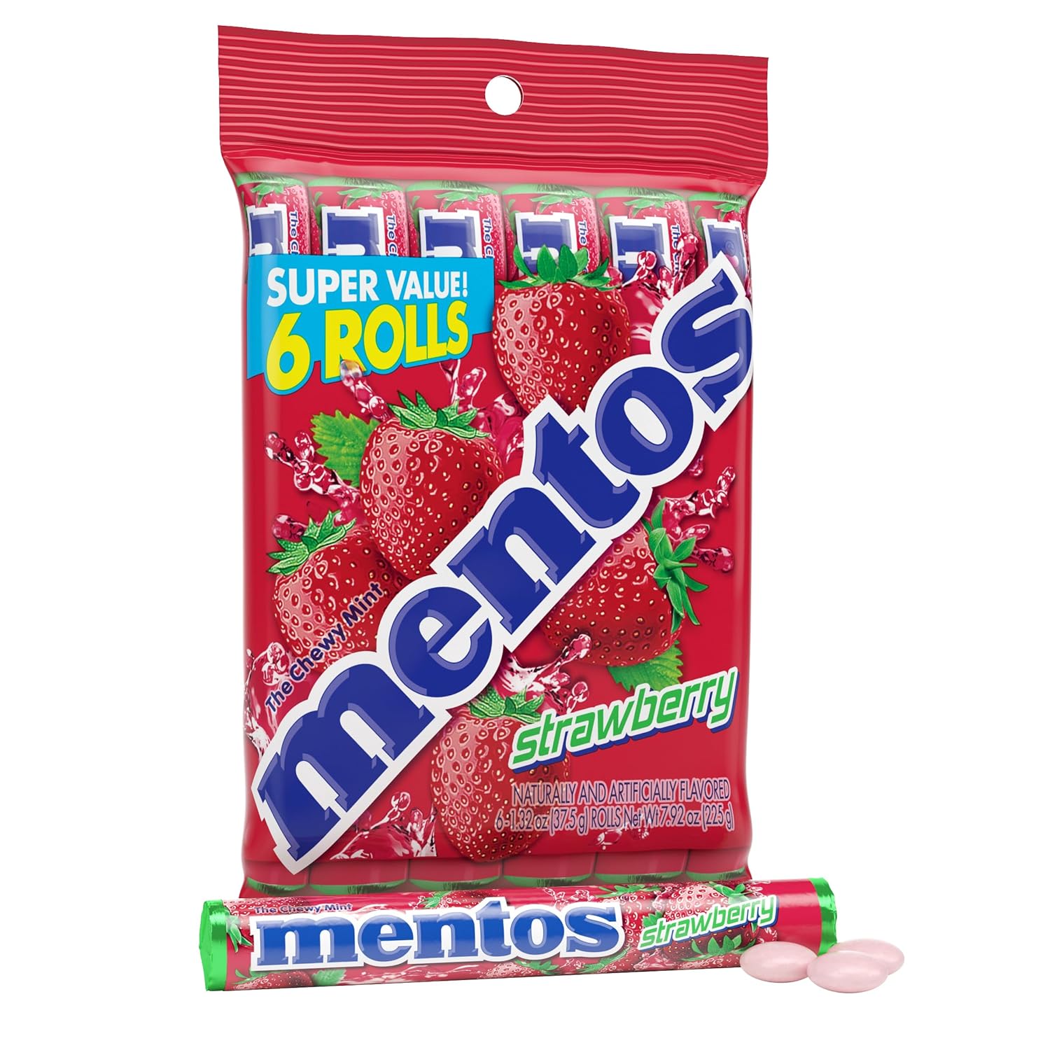 Mentos Strawberry Chewy Mint Candy Roll, Holiday Candy for Christmas Stocking Stuffers for Adults & Kids Discovery, 14 Pieces Per Roll, 6 Count Party Pack