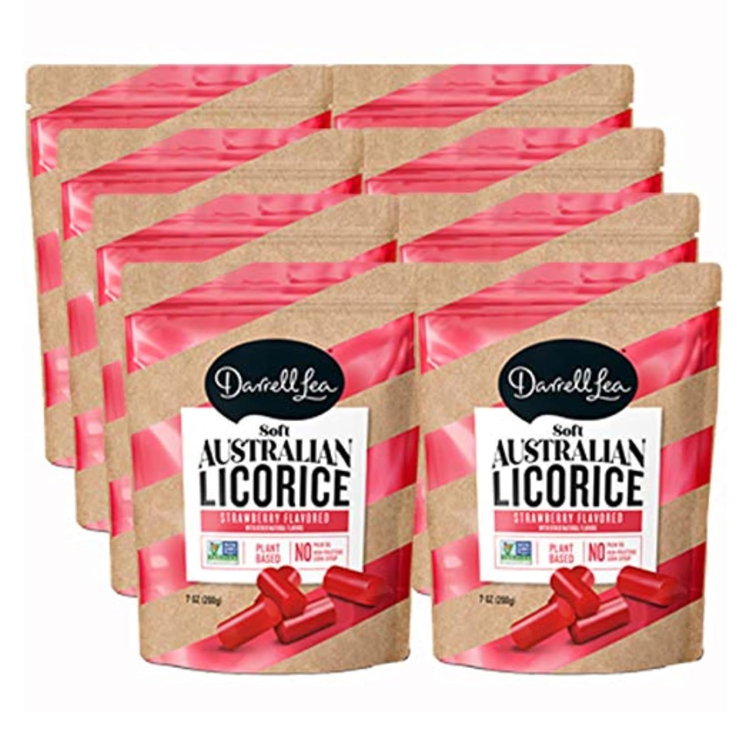Darrell Lea Soft Australian Licorice, Strawberry Flavor, 7 Ounce Bag (8-Pack) | Non-GMO, No Palm Oil, Plant Based, No High Fructose Corn Syrup | Soft & Chewy Licorice Candy, Made in Australia