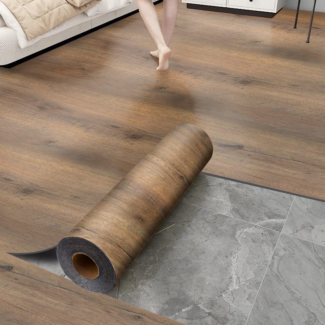Luxury Thicken Wood Grain Peel and Stick Floor Tiles 17.72 " x 118"Self-Adhesive Vinyl Flooring Roll-DIY Easy for Wall and Floor,Hard Surface/Waterproof/Anti Slip/Anti Dent(Brown 14.5 Sq.Ft.)