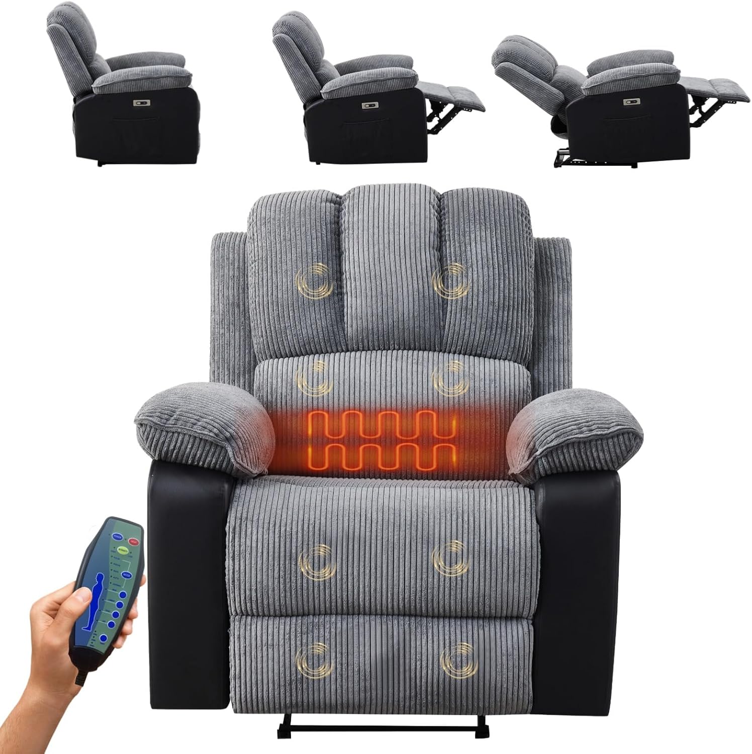 Recliner Armchair Electric Massage Recliner Chairs Reclining Chairs for the Elderly Lazy Boy Recliners Recliner Sofa with Massage & Heat USB Ports Dual Side Pockets (Jumbo Cord Fabric)