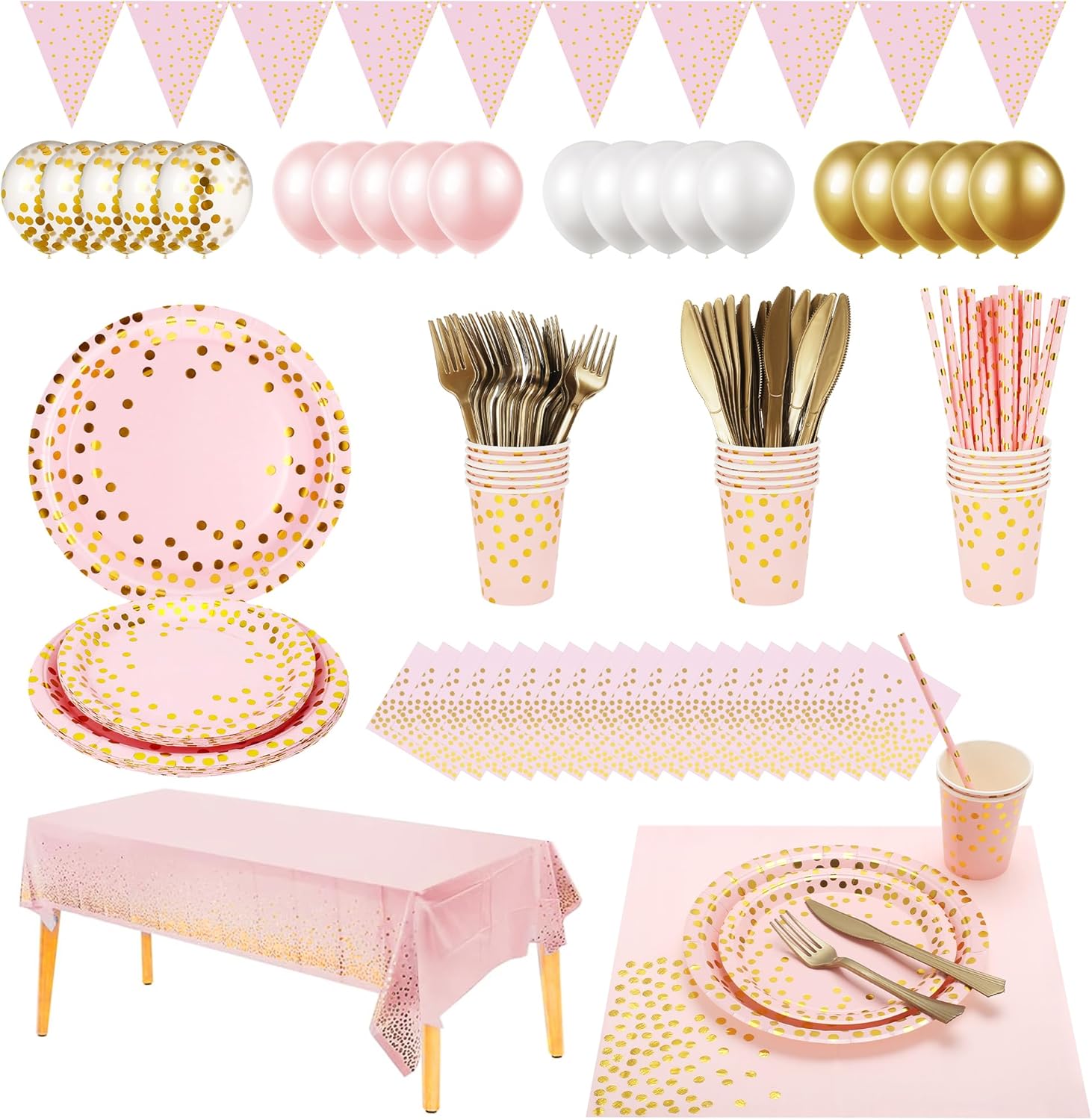 Pink and gold party supplies, party cutlery set includes: paper plates, napkins, cups, straws, and cutlery - engagement anniversary, parties, graduation ceremonies, Christmas parties (pink)