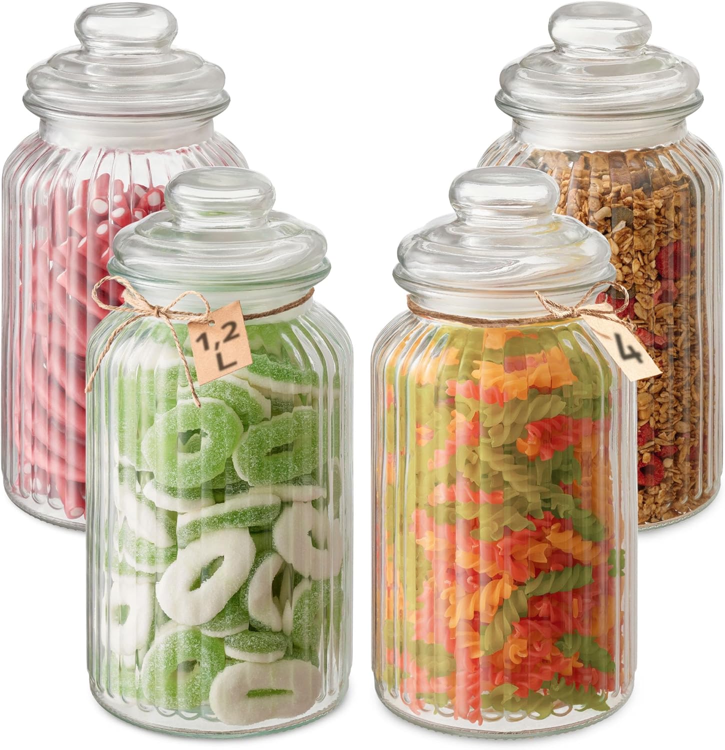 Praknu Sweet Jars for Candy Buffet – 4-Piece Set x 1.2L – With Airtight Lids & Labels – Vintage Style – For Weddings, Parties & Kitchen – Dishwasher Safe – For Biscuits & Treats