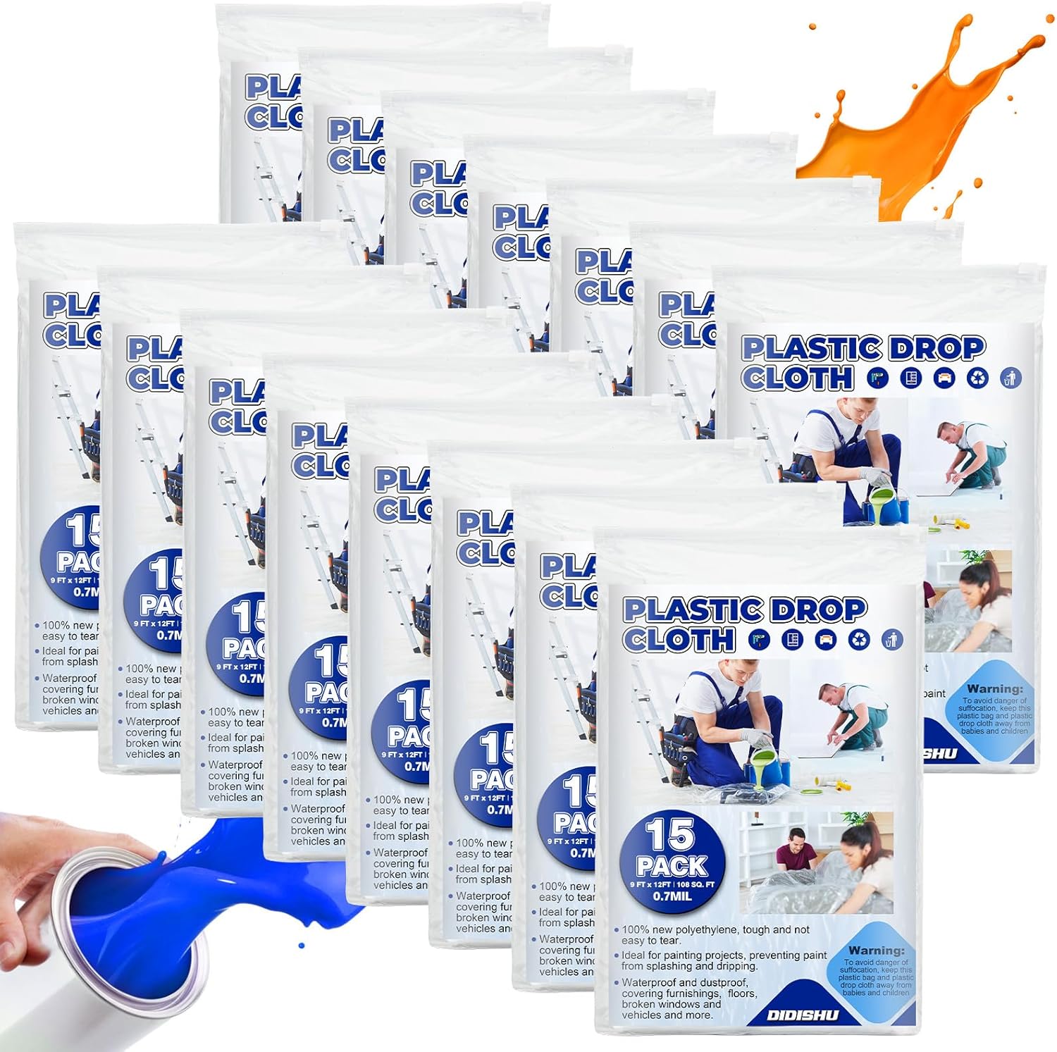 15 Pack Drop Cloths for Painting, 9x12 Feet, Extra Thick Clear Plastic, Disposable Paint Covering Tarp, Waterproof Plastic Dust Sheets