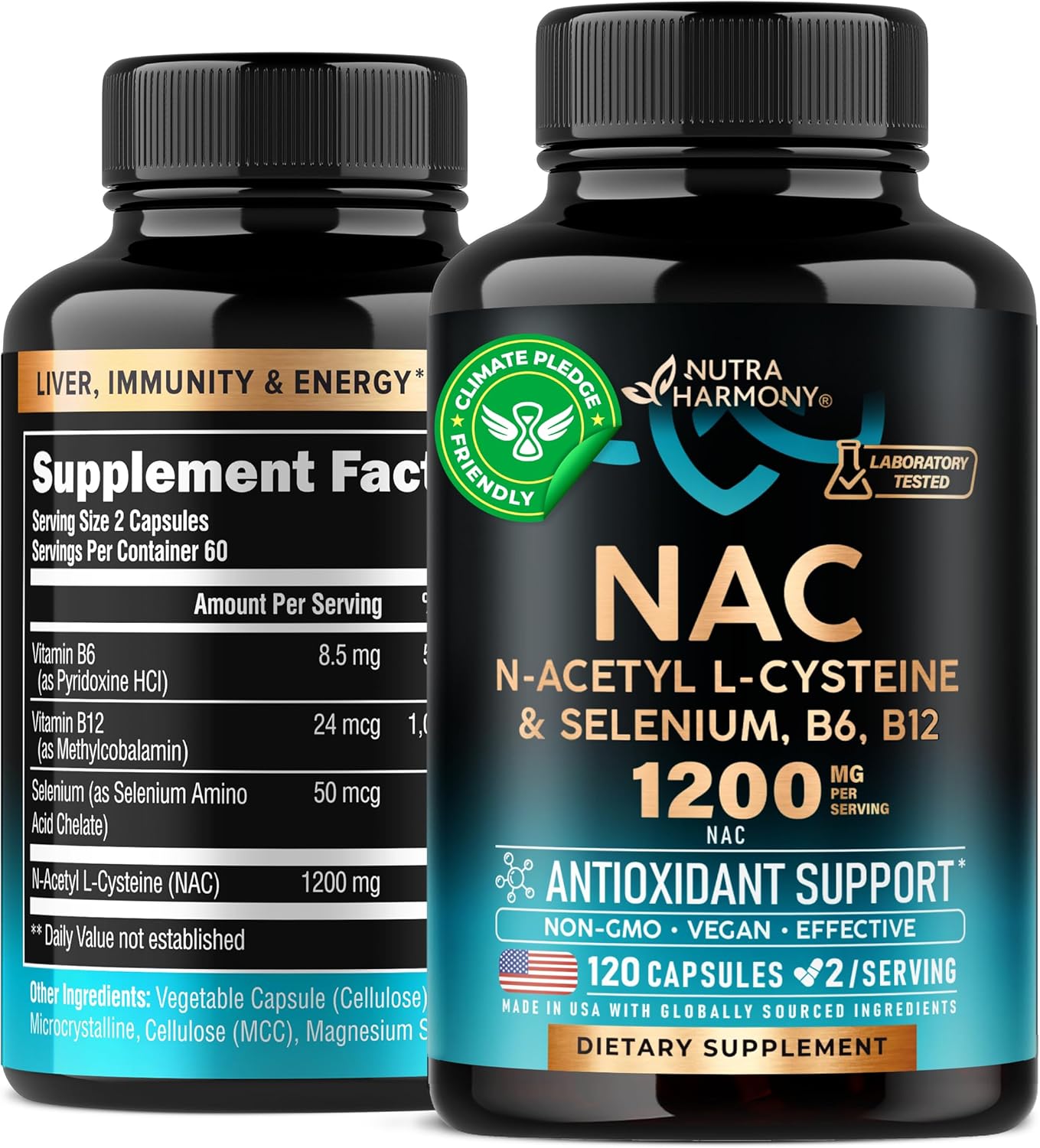 NAC Supplement | Selenium | B6 | B12 - Antioxidant, Immune Support - N Acetyl Cysteine 600 mg per Capsule, 1200 mg per Serving - Made in USA - Non-GMO, Gluten-Free, Vegan - 120 caps, 2 Month Supply