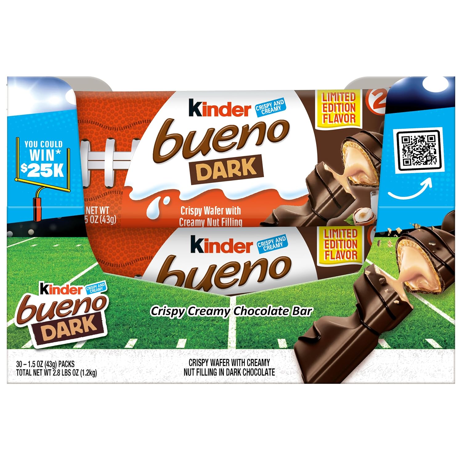 Kinder Bueno Dark Chocolate Bars with Creamy Hazelnut Filling, Bulk 30 Count, Chocolate Candy Bars for Game Day, Football Party Supplies, Snacks for Adults, 2 Per Pack, 1.5 oz