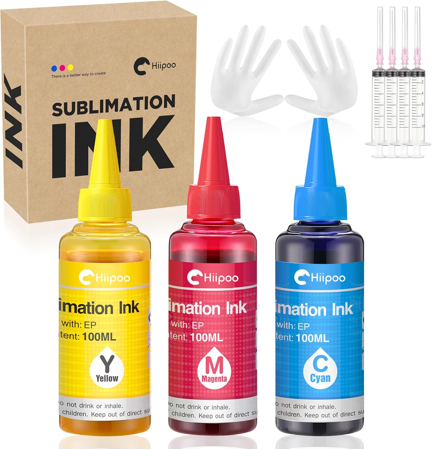 Hiipoo Sublimation Ink Refilled Bottles with Heat Tape Refill for ET2400 XP4105 XP4100 ET2720 ET2760 ET2750 ET4800 ET-2800 ET-2803 ET-2850 Inkjet Printers Heat Press Transfer on Mugs T-Shirts（CMY）
