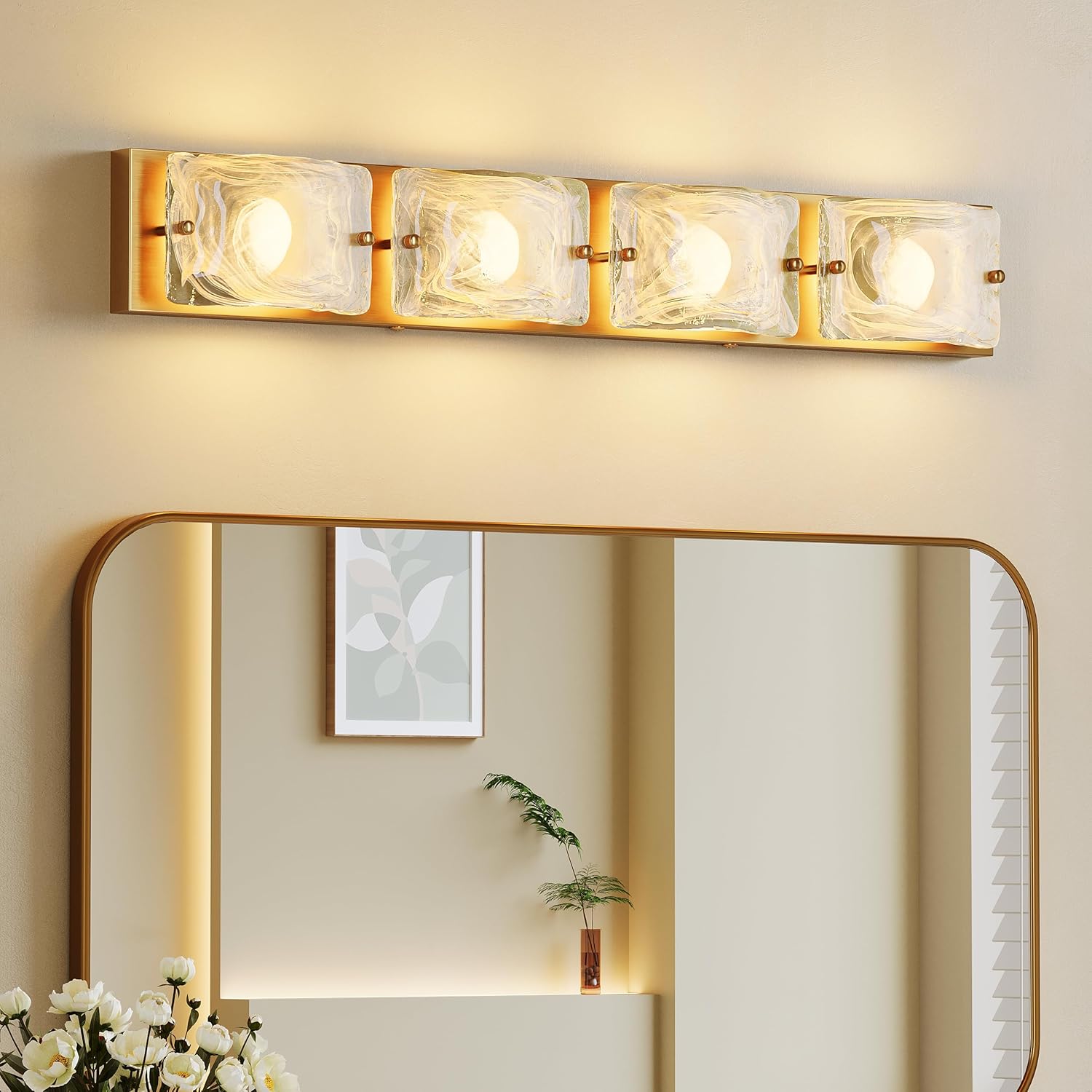 Tribesigns 4-Light Vanity Fixtures, Curved Cloud Glass Lampshades Gold Copper Plate, Modern Bathroom Wall Lighting Fixtures Over Mirror, 3CCT LED Vanity Lights (29-Inch, 3000K/4000K/5000K, Dimmable)