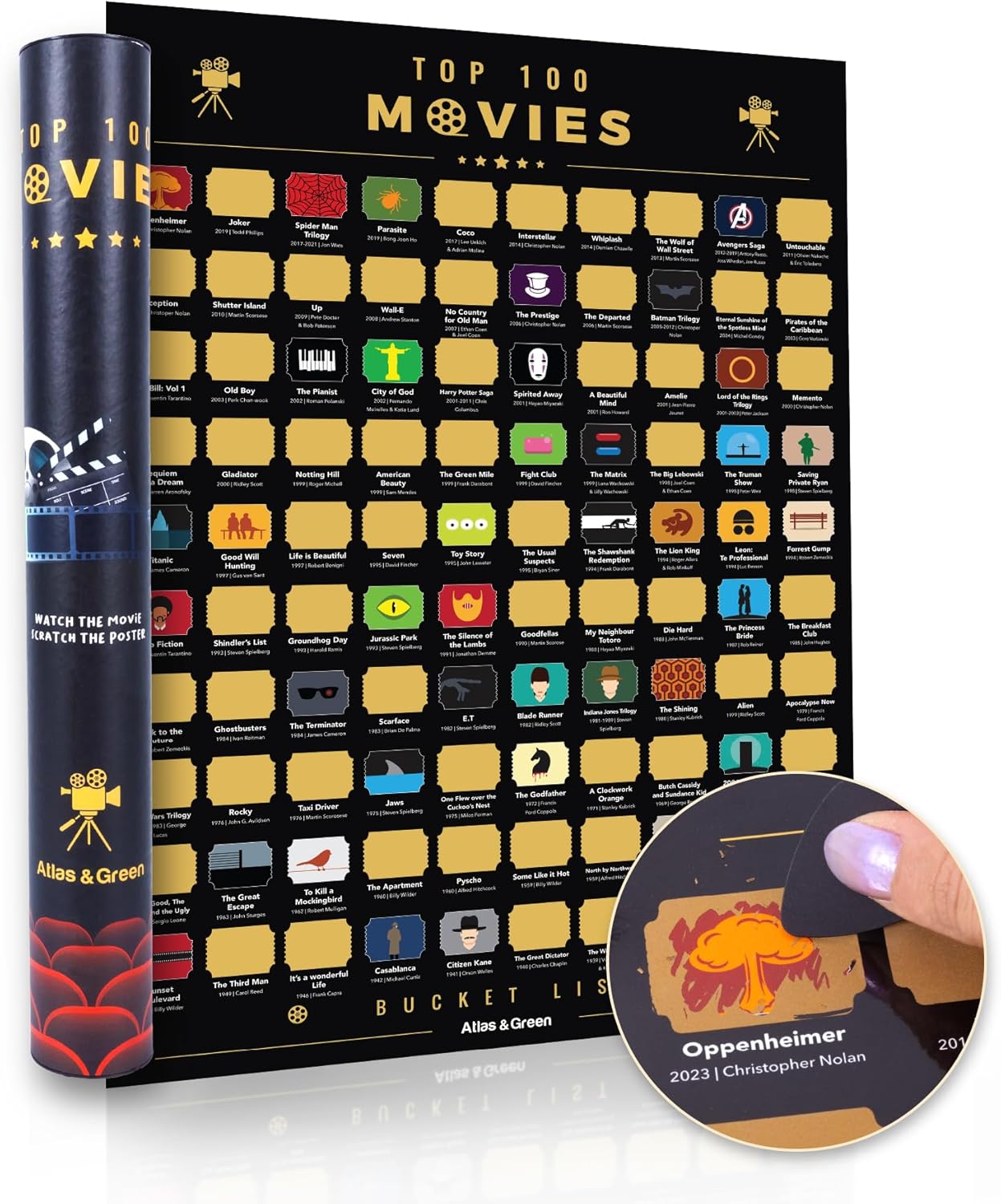 Atlas & Green Top 100 Movies Poster. Top 100 Scratch Off Movie Poster Up to Date with 2024 Blockbusters. Top Imdb + Bonus Accessories: Gift Tube Movie Posters Stickers