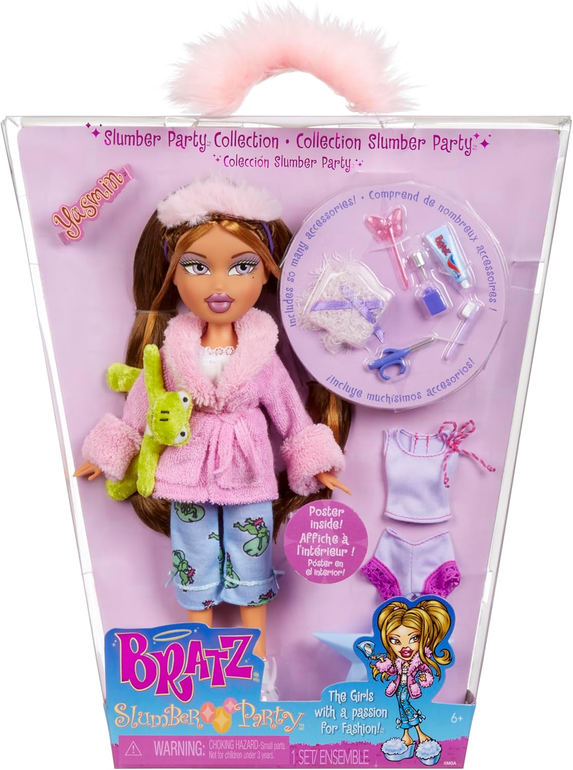 Bratz Slumber Party Yasmin Fashion Doll with 2 Sets of Pajamas, Plush, and Accessories