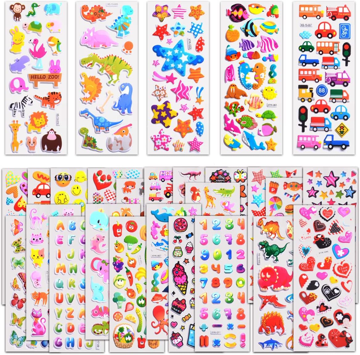 Stickers for Kids 1000+, 3D Puffy Stickers for Kids Toddlers 40 Different Sheets Variety Pack for Scrapbooking, Gifts, Rewards Including Animals, Stars, Fishes, Hearts, Dinosaurs, Cars and More