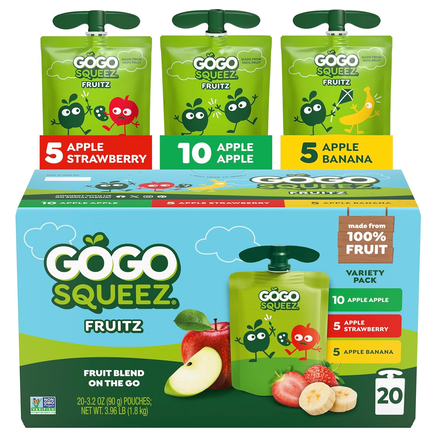 GoGo squeeZ Applesauce and Fruit Puree Variety Pack, Apple, Banana & Strawberry, 3.2 oz (Pack of 20), Unsweetened Fruit Snacks for Kids, Gluten Free, Nut Free, BPA Free Pouches (Packaging May Vary)