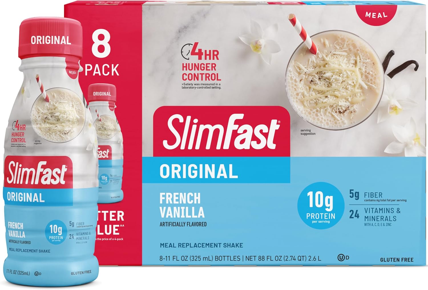 SlimFast Meal Replacement Shake, Original French Vanilla, 10g of Ready to Drink Protein for Weight Loss, 11 Fl. Oz Bottle, 8 Count