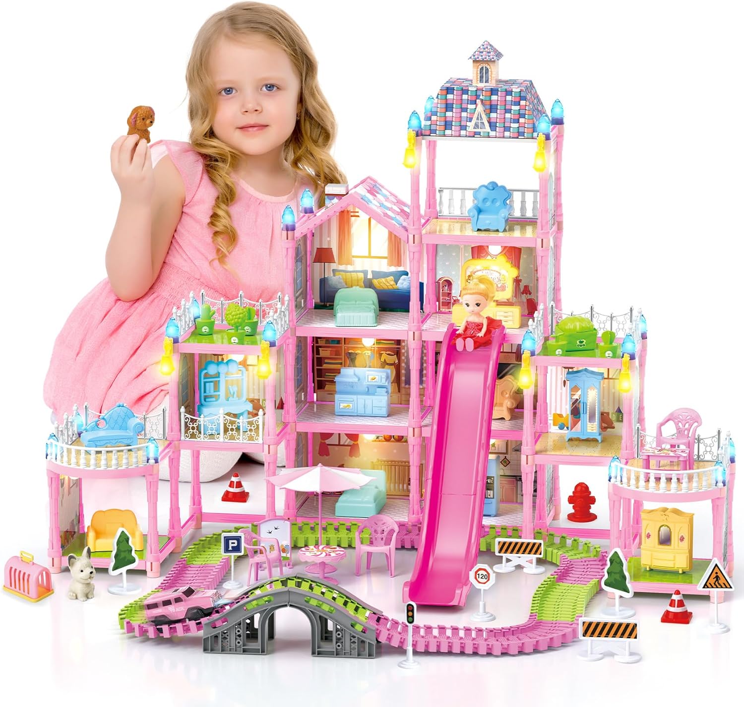 Princess Doll House for Girls, Dream Dollhouse with Track Car Toy Set, Dolls, Pets, Lights, Furniture and Accessories, Toddler Doll House Playset Gifts for 3 4 5 6 7 8 9 10+ Year Old Girls Toys, Pink