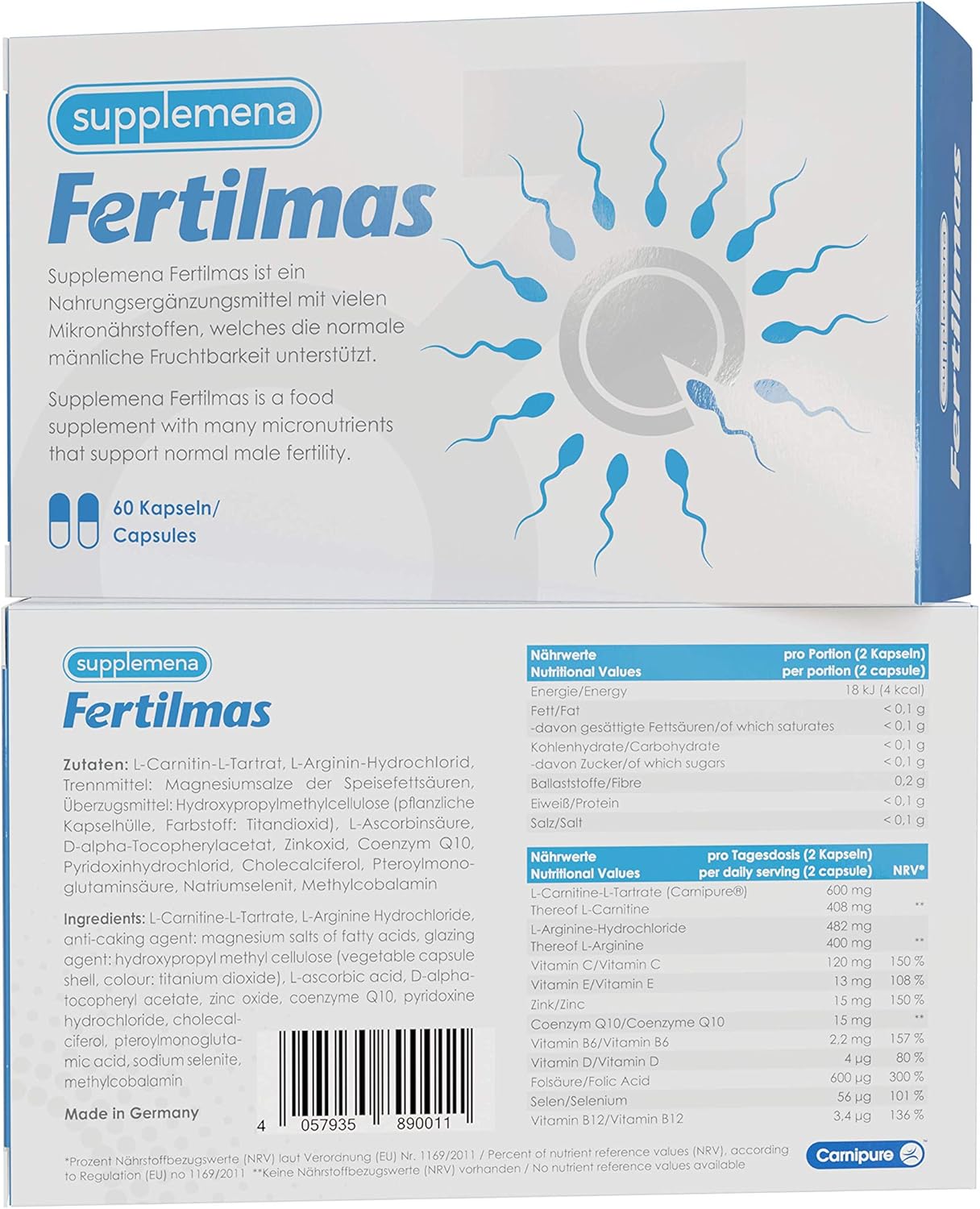 Fertilmas | Male Fertility Supplements | Support Sperm Health & Conception w/L-Carnitine, Folic Acid, CoQ10, Zinc, B12, Selenium | 2 Month Supply
