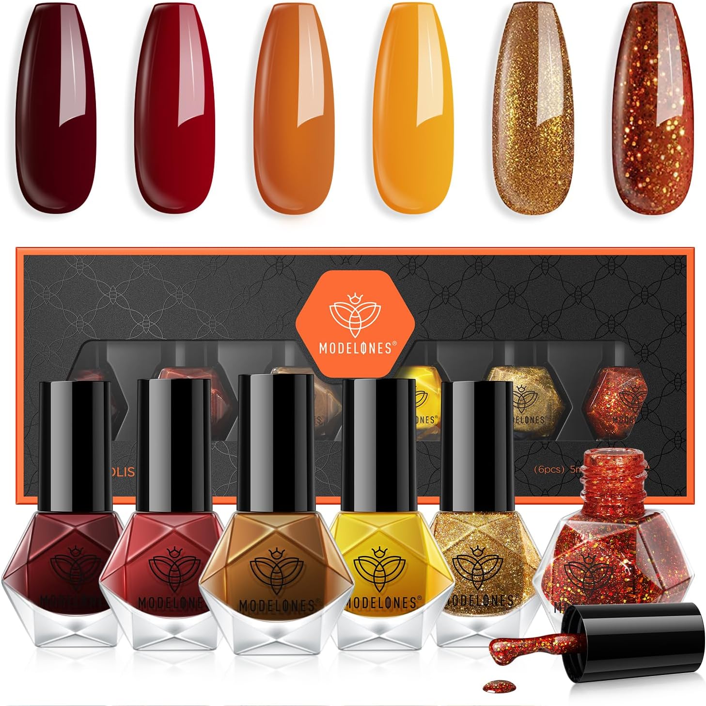 Modelones Nail Polish Set 6 Colors Autumn Winter Gold Glitter Red Nail Polish Orange Yellow Quick Dry Nail Varnish Manicure DIY Nail Art Salon Home For Women