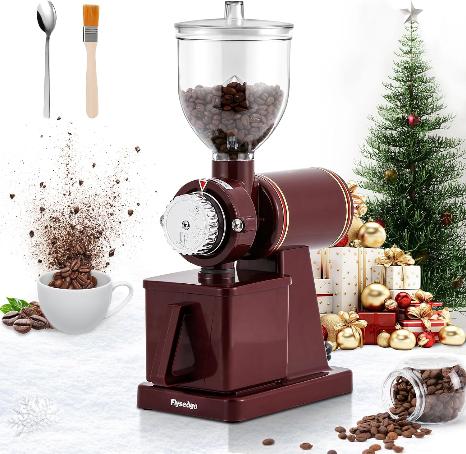 Burr Coffee Grinder Electric Espresso Grinder Commercial & Homeuse Silent Small Coffee Bean Grinder with Hopper Adjustable Grind, With Brush, Spoon, Red