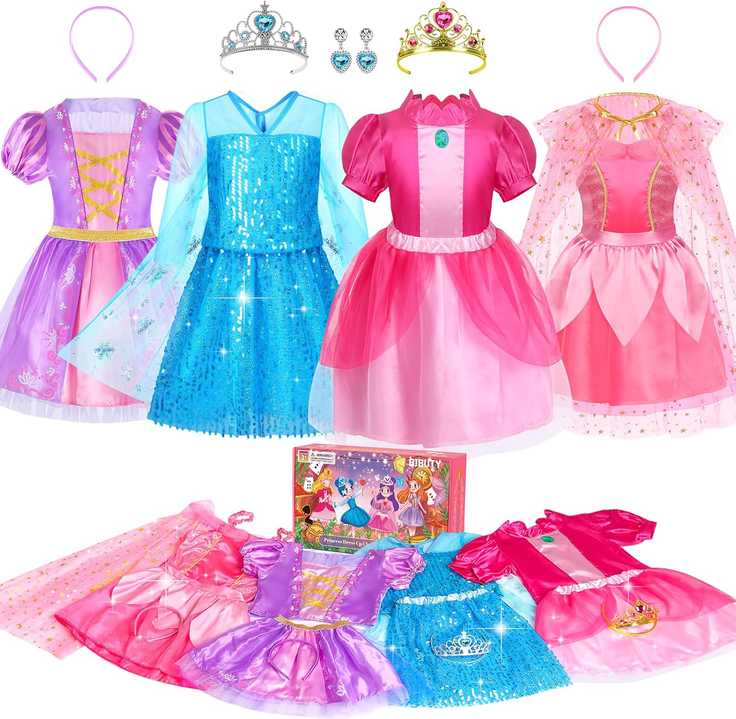 Princess Dress Up Clothes for Little Girls Princess Dresses for Girls, Pretend Play & Dress Up Princess Costume Set with Princess Crown Cape, Princess Toys Gifts for 3-6 Toddler Little Girls