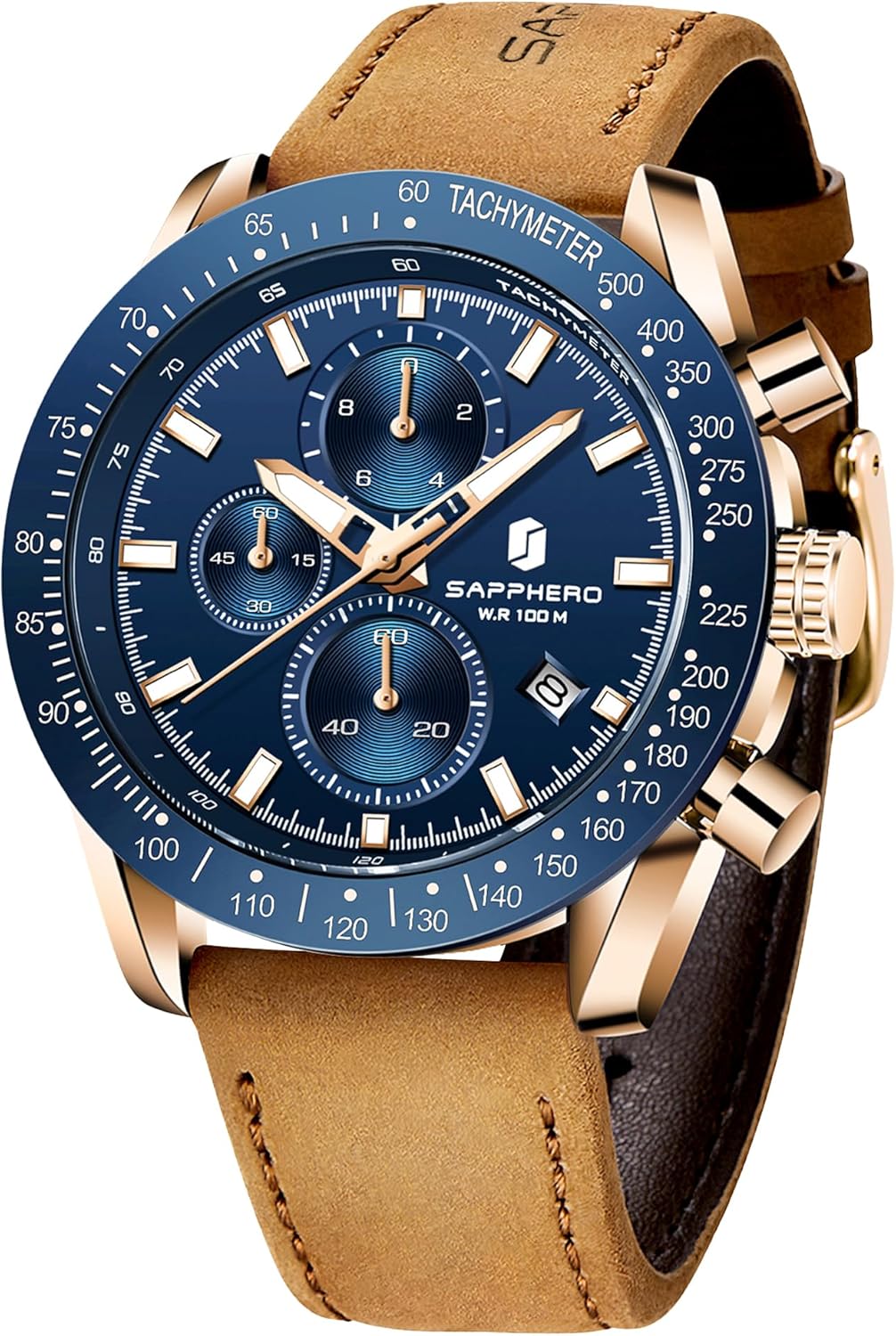 SAPPHERO Mens Watches, Leather Strap Quartz Movement, Multifunction Chronograph Watch, Luminous, Calendar Waterproof Scratch Resistant Watch, Luxury Business Casual Sports Watch