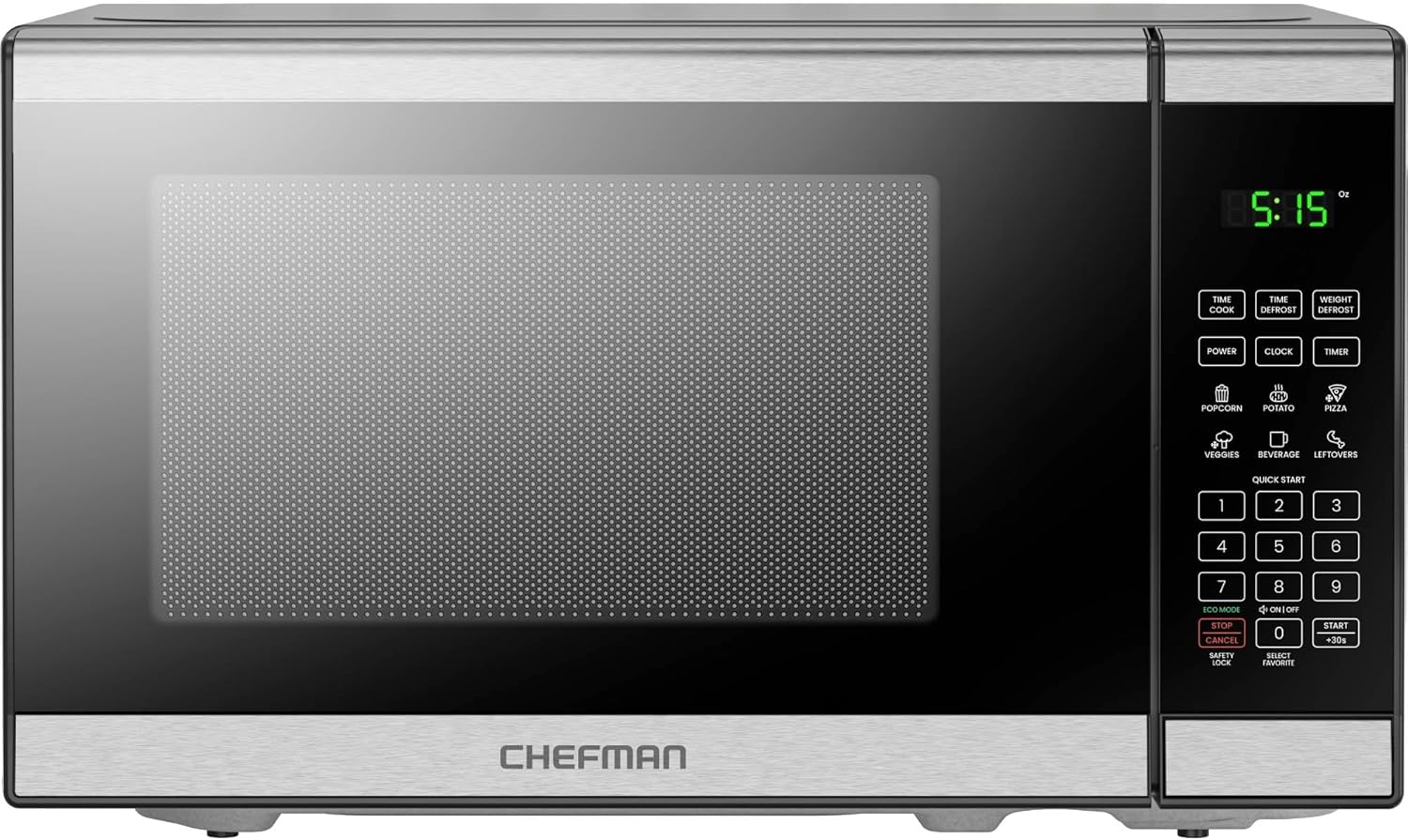 Chefman 20L 800W Microwave Oven, 6 Presets, 10 Power Levels, Eco Mode, Memory, Mute Function, Child Safety Lock, Easy Clean, Stainless Steel