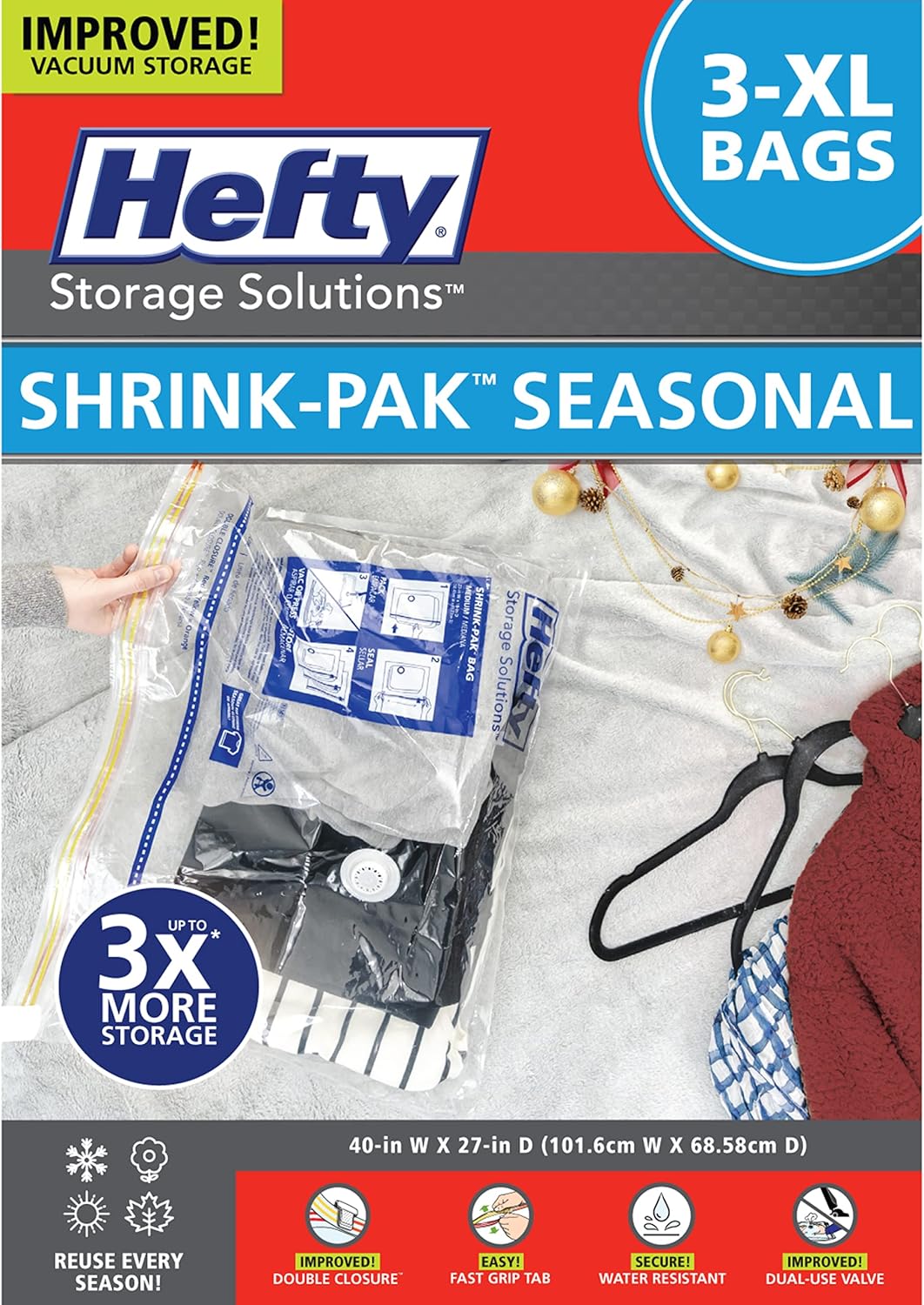 Hefty Shrink-Pak - 3 Extra Large Vacuum Storage Bags for Storage for Clothes, Pillows, Towels, or Blankets - Space Saver Vacuum Sealer Bags Ideal Under Bed Storage Solutions