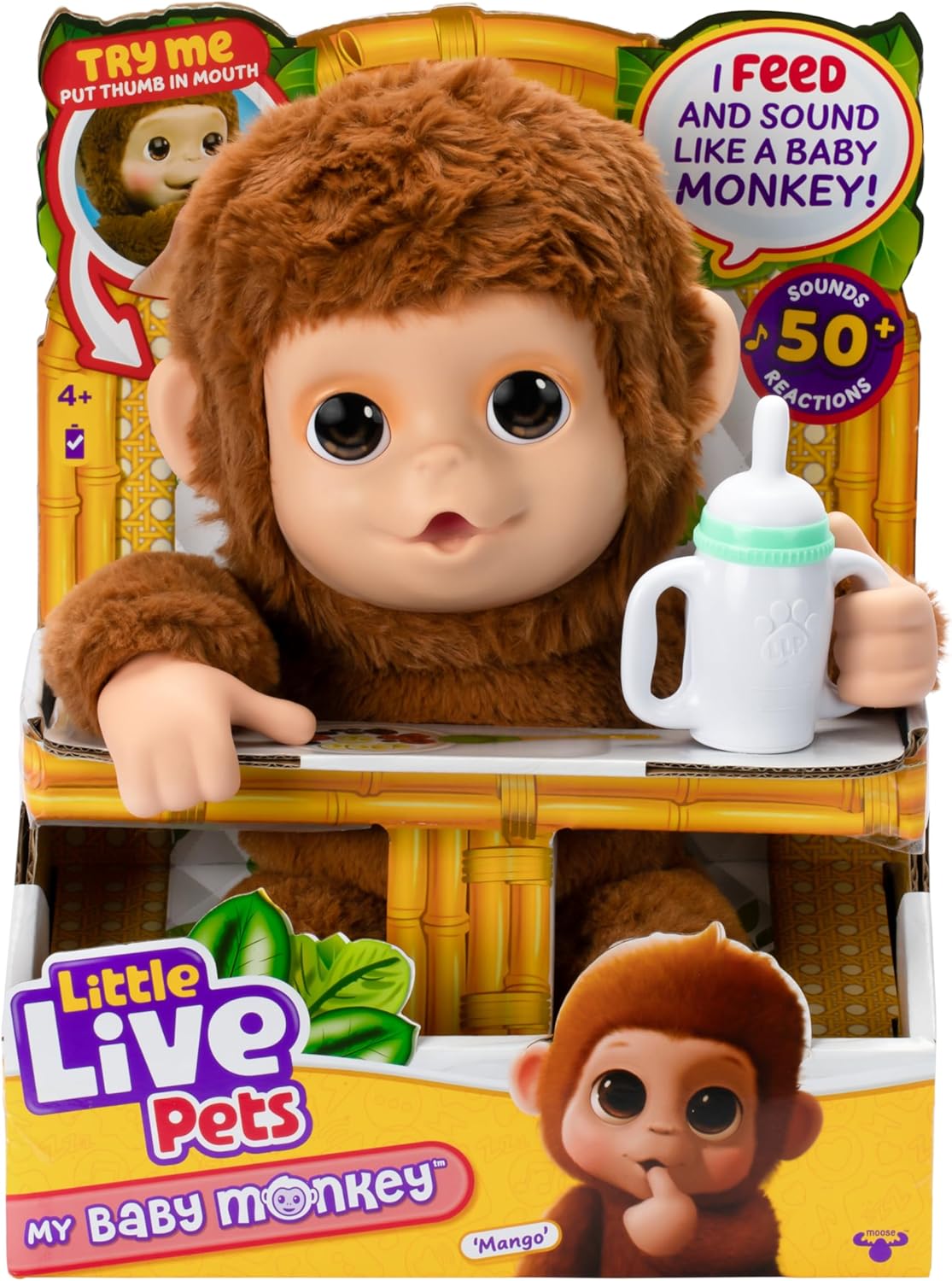 Little Live Pets My Baby Monkey Mango - Interactive Plush Toy, 50+ Sounds & Reactions, Moving Mouth, Bottle Feeding, Thumb Sucking, Grippy Hands & Feet, Soft Cuddly Stuffed Animal – Gift for Kids 4+