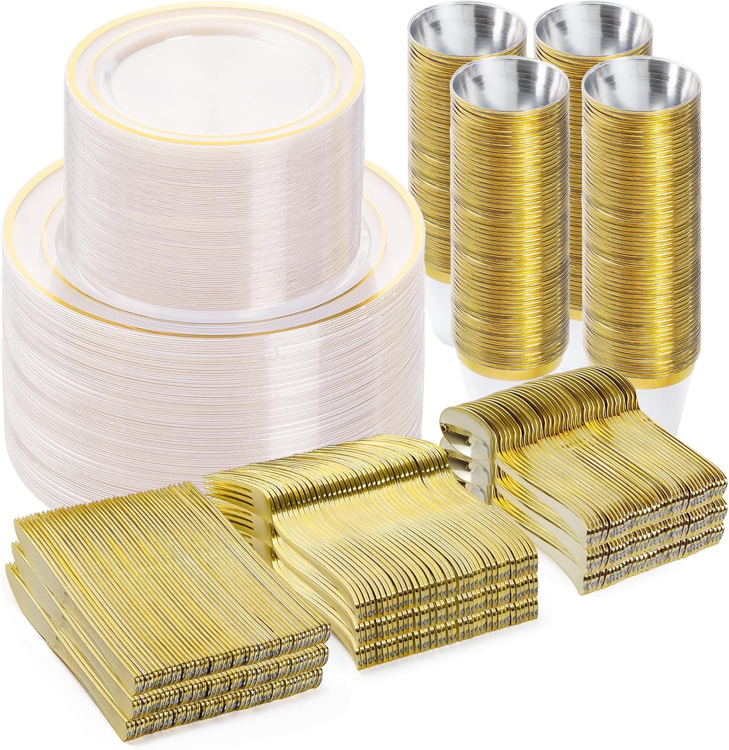600PCS Plastic Dinnerware Set (100 Guests), Clear Gold Disposable Plates for Party, Wedding, Anniversary, Includes: Dinner Plates, Dessert Plates, Cups, Spoons, Forks and Knives
