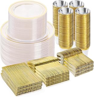 600PCS Plastic Dinnerware Set (100 Guests), Clear Gold Disposable Plates for Party, Wedding, Anniversary, Includes: Dinner Plates, Dessert Plates, Cups, Spoons, Forks and Knives