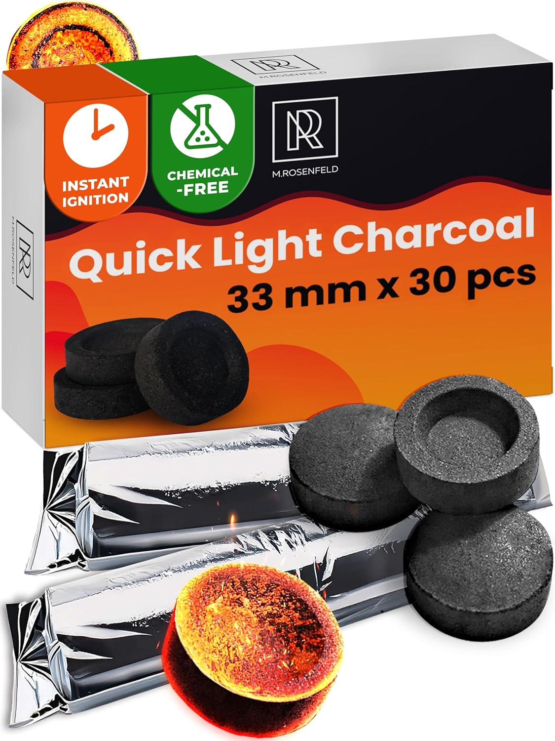 30 pcs Charcoal Discs to Burn Incense - Hookah Charcoal Hookah Coals for Hookah - Quick Light Charcoal Tablets - 33 mm Premium Quality Incense Charcoal Discs - Pack of 30