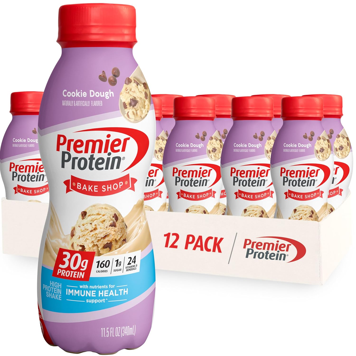 Premier Protein Shake, Cookie Dough, 30g Protein 1g Sugar 24 Vitamins Minerals Nutrients to Support Immune Health, 11.5 fl oz (Pack of 12)