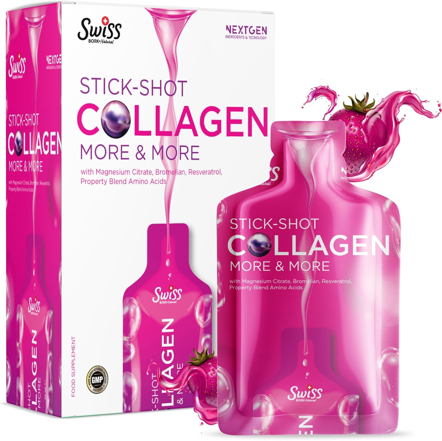 Swiss Bork Sugar-Free Liquid Collagen Shots — Collagen 10000mg I, II, III with Magnesium Citrate, Resveratrol, Amino Acids for Skin, Hair, Nails & Joint Health – Strawberry Flavour (15 Days x 20ml)
