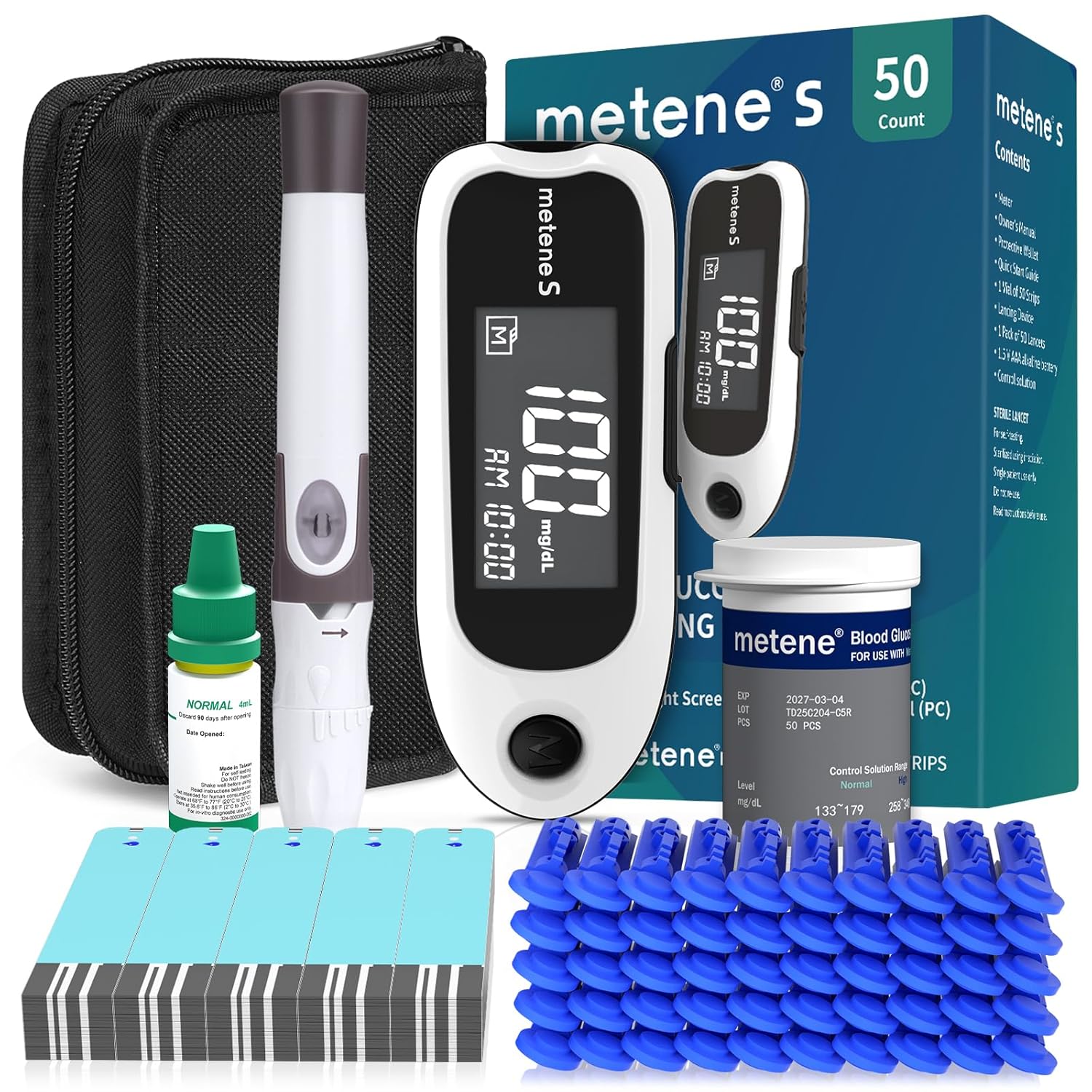 Metene S Blood Glucose Monitor Kit with 50 Glucometer Strips, 50 Lancets, 1 Blood Sugar Monitor, Diabetes Testing Kit with Control Solution, Lancing Device, No Coding, Glucometro Kit Completo