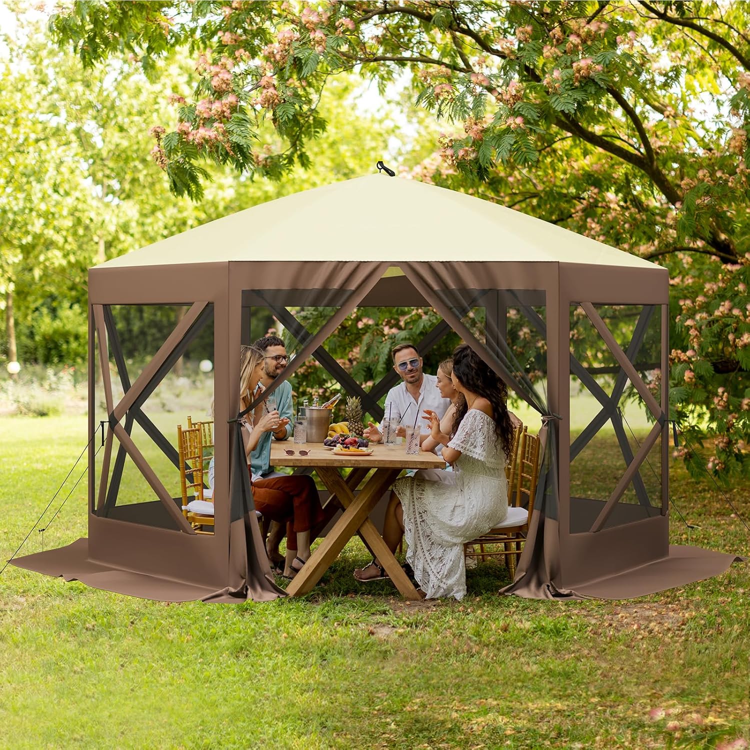 10x10ft Pop-Up Camping Gazebo, Instant Sun Shelter with 6 Removable Mesh Walls, Includes Carry Bag & Stakes, Portable for Outdoor, Backyard, Patio,Khaki