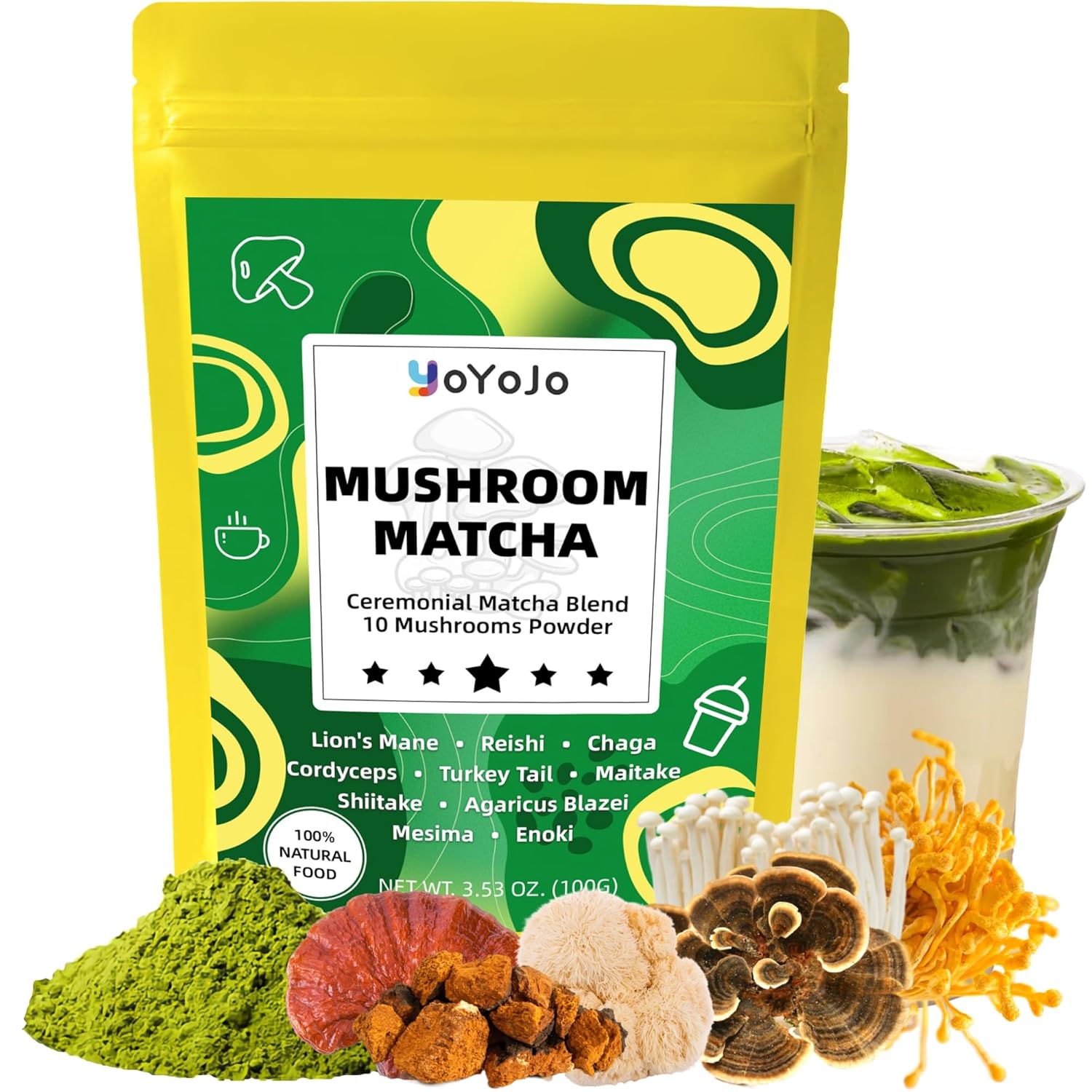 Mushroom Matcha, 10 Superfood Mushroom Powder Blend with Japanese Ceremonial Grade Matcha, Mushroom Coffee Alternative for Energy, Focus, Immunity