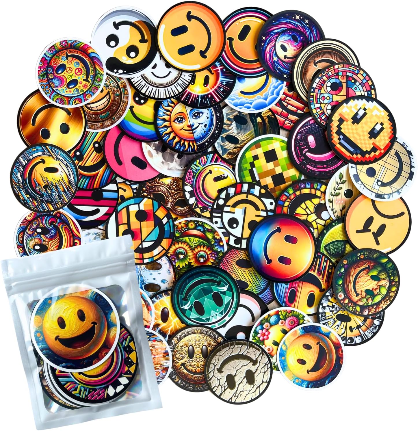 HNTR® Smiley Face Stickers – 55 Aesthetic Stickers | Signature Collection of Artistic Smiley Faces for Laptops, Scrapbooks, Journals, Skateboards and Water Bottles